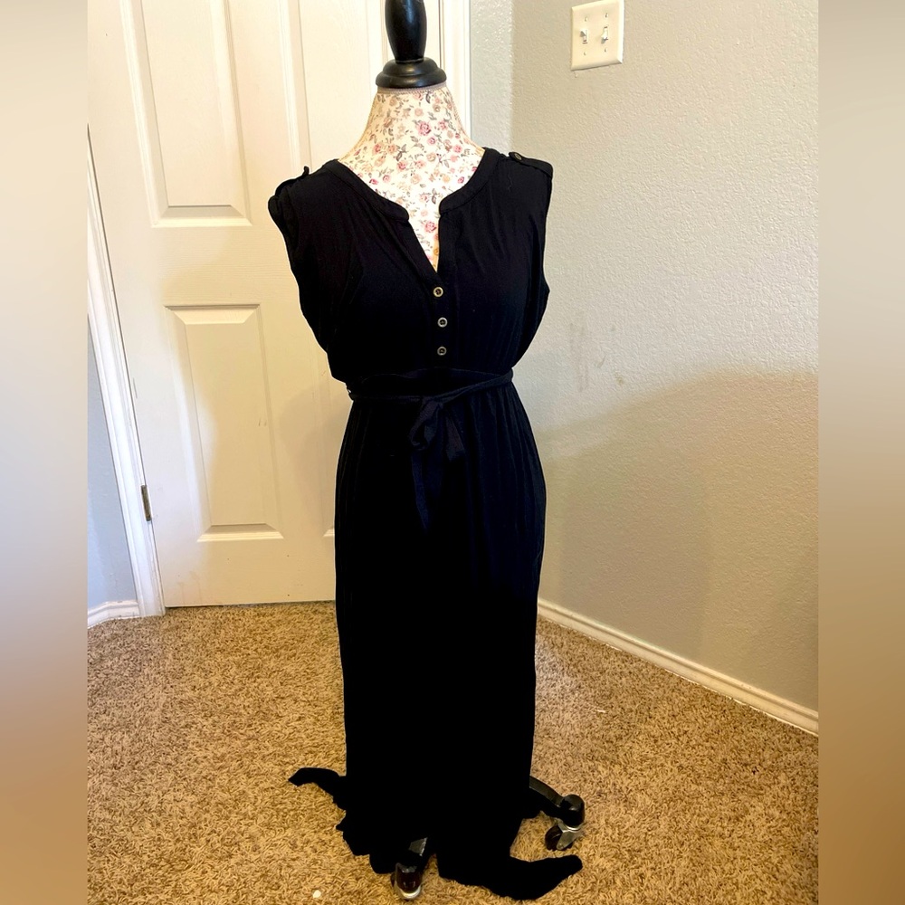 Old navy maternity L maxi black dress v neck button detail tie waist lightweight